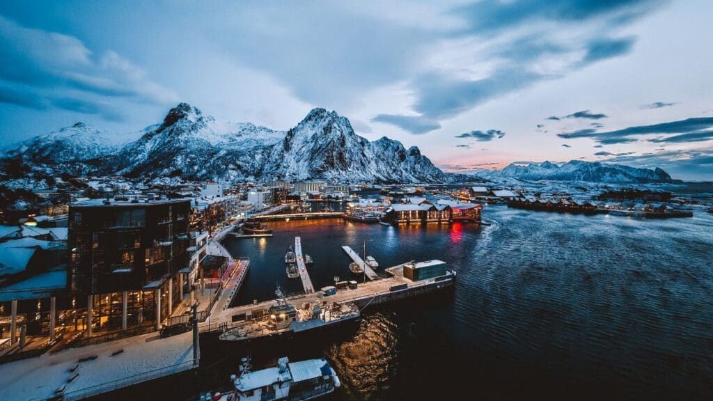 photo of mountains in Lofoten Islands from hotel window