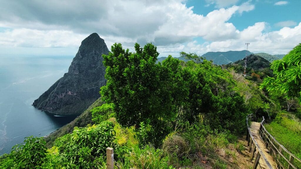 photo of Gros Piton in the distance on the Tet Paul Nature Trail in St Lucia