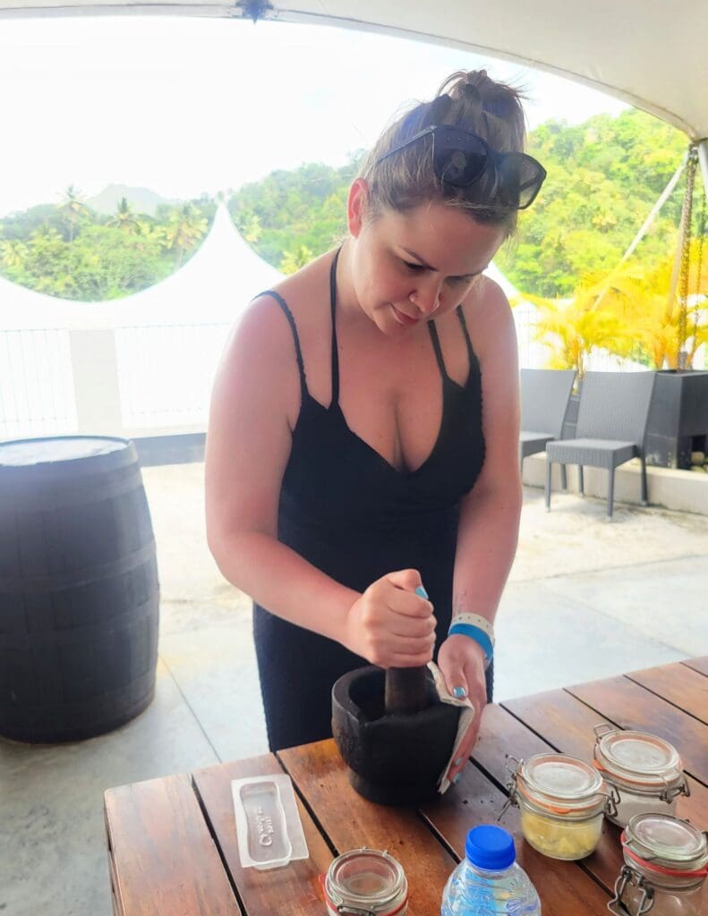 photo of woman making chocolate bar at Project Chocolat in St. Lucia