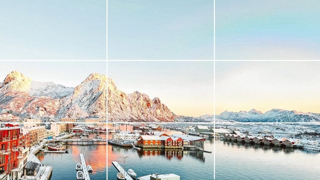photo of grid on photo from hotel room in Lofoten Islands