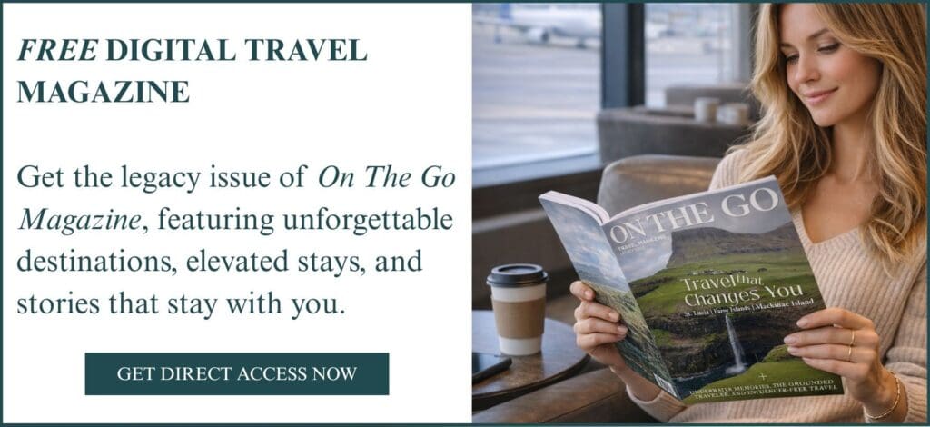 photo of woman holding "On the Go" digital travel magazine in airport