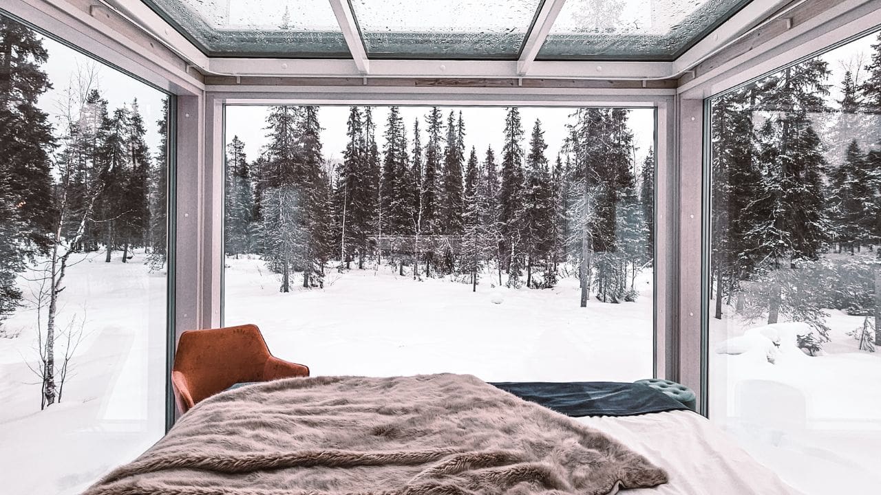 photo of view from bed in Finland glass cabin