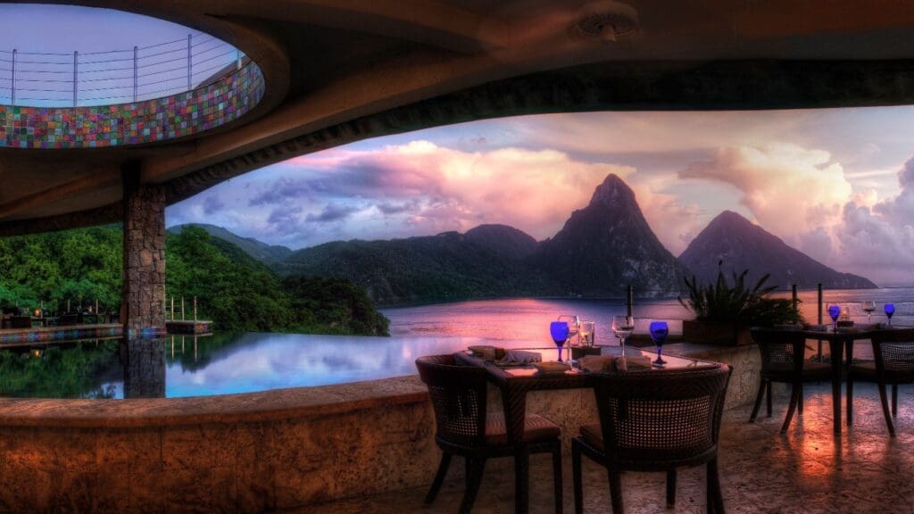 photo of dining area at sunset at Jade Mountain Resort in St Lucia with a view of the Pitons