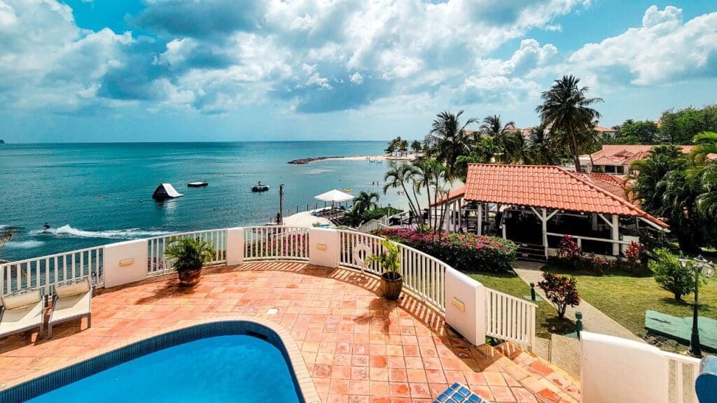 view from pool at Windjammer Landing of the resort, bay, and pool
