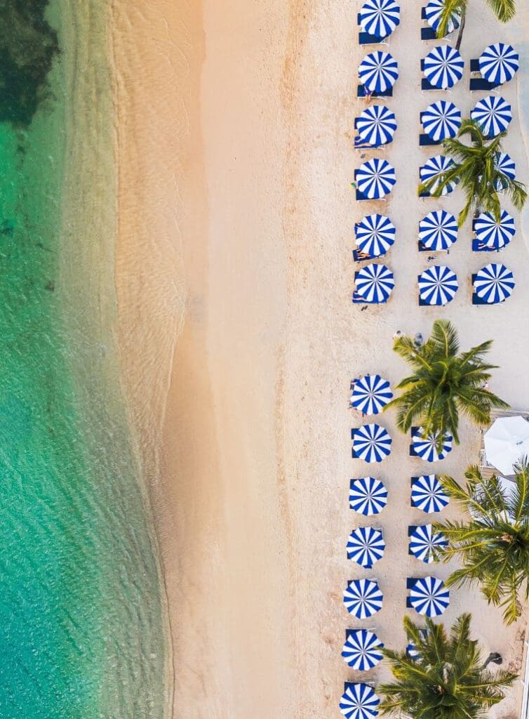 photo of aerial shot of umbrellas at Windjammer Landing in St. Lucia