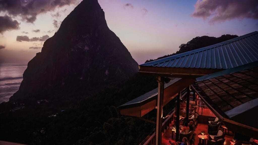 photo of Dasheene restaurant with Petit Piton behind it 