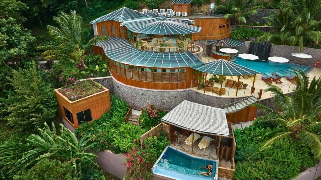 drone photo of Ladera Resort in St. Lucia