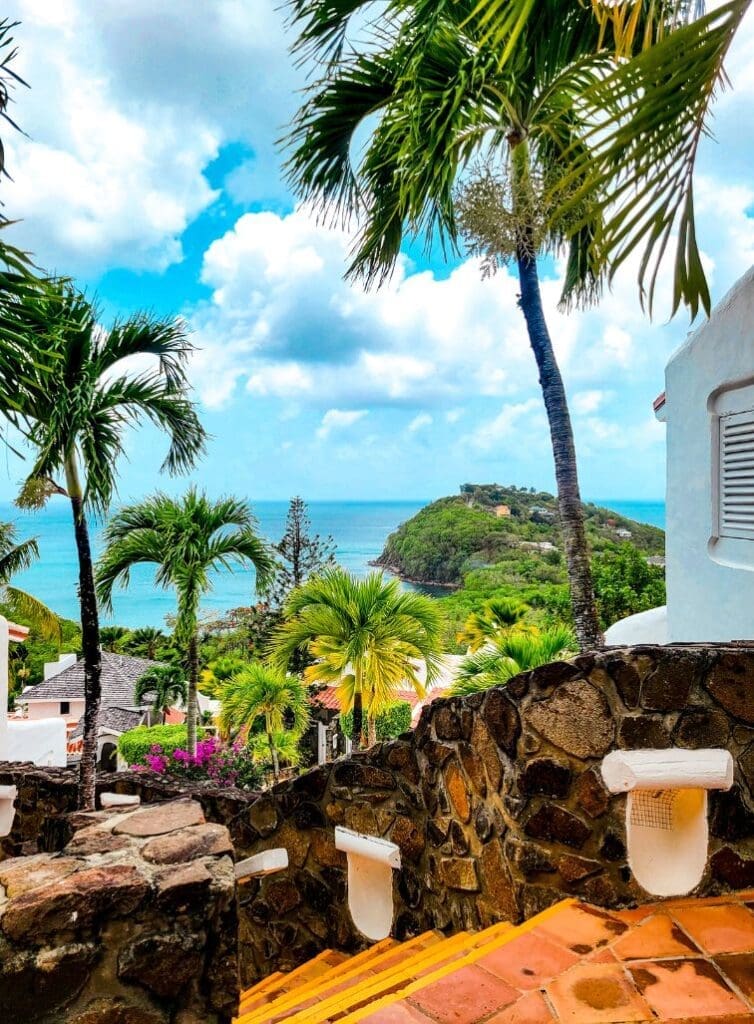 Photo of staircase overlooking hill at luxury resort in St. Lucia