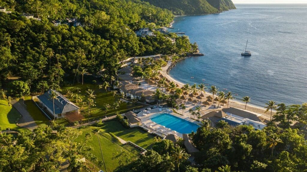 aerial photo of Sugar Beach resort in St Lucia