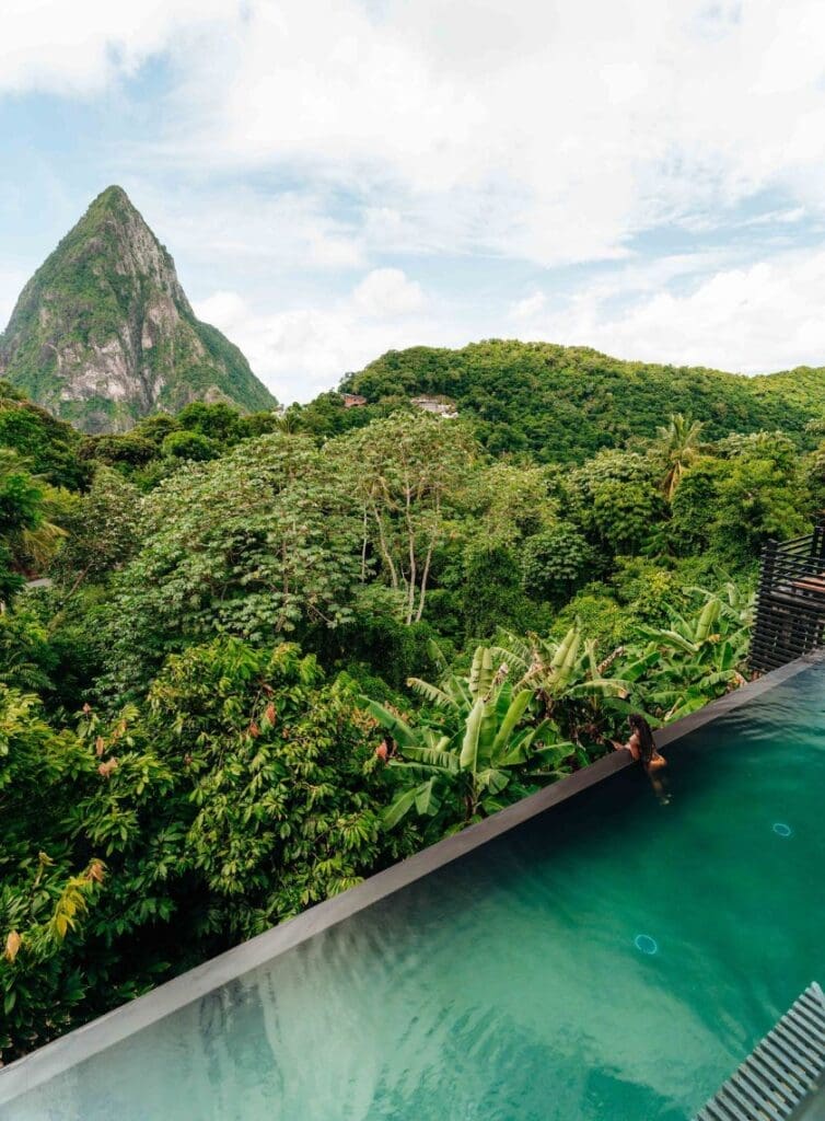 photo of Rabot Hotel pool with Piton behind it