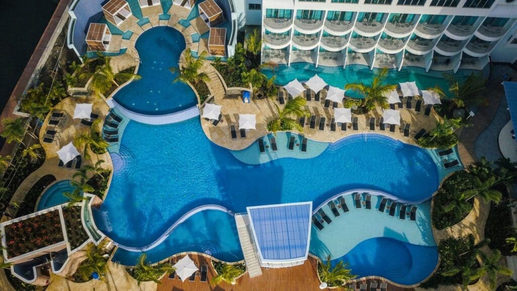 aerial photo of pool at the Harbor Club in St. Lucia