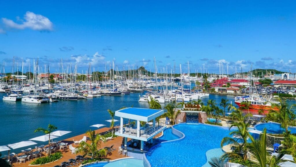 photo of the Harbor Club pool overlooking Rodney Bay Marina and Pigeon Island