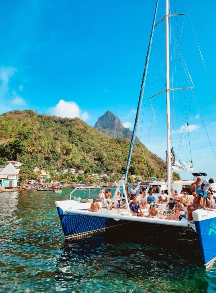 photo of catamaran cruise in front of the Pitons in St. Lucia