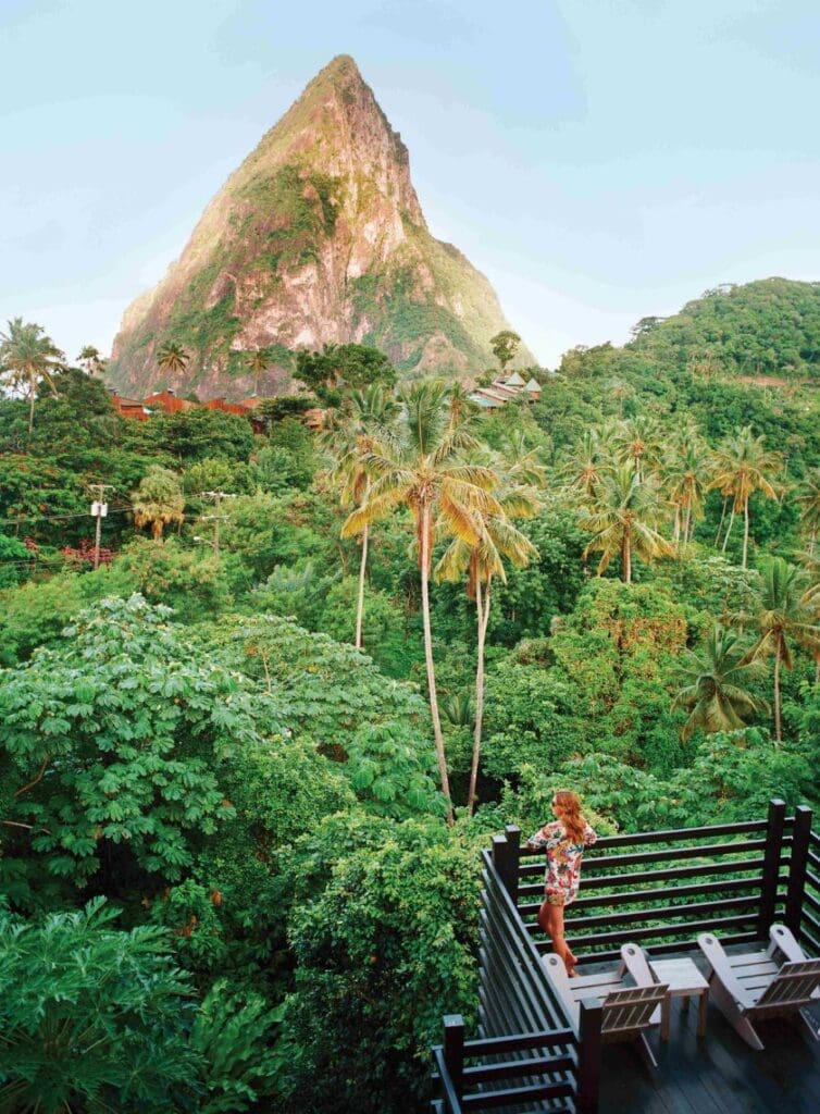 photo of woman looking out at the Rabot Hotel at Pitons