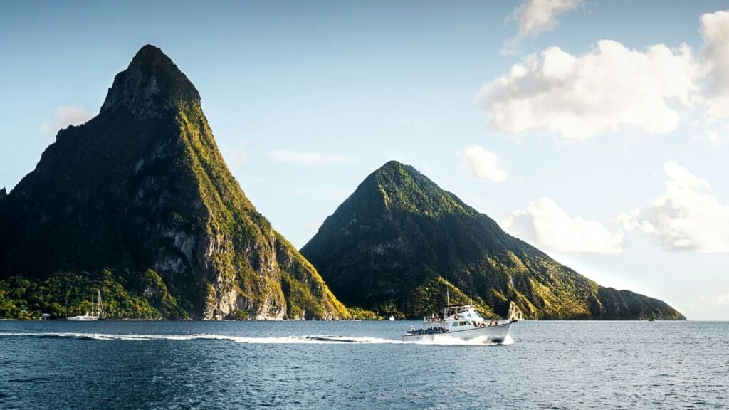 photo of the Pitons in St. Lucia from the water