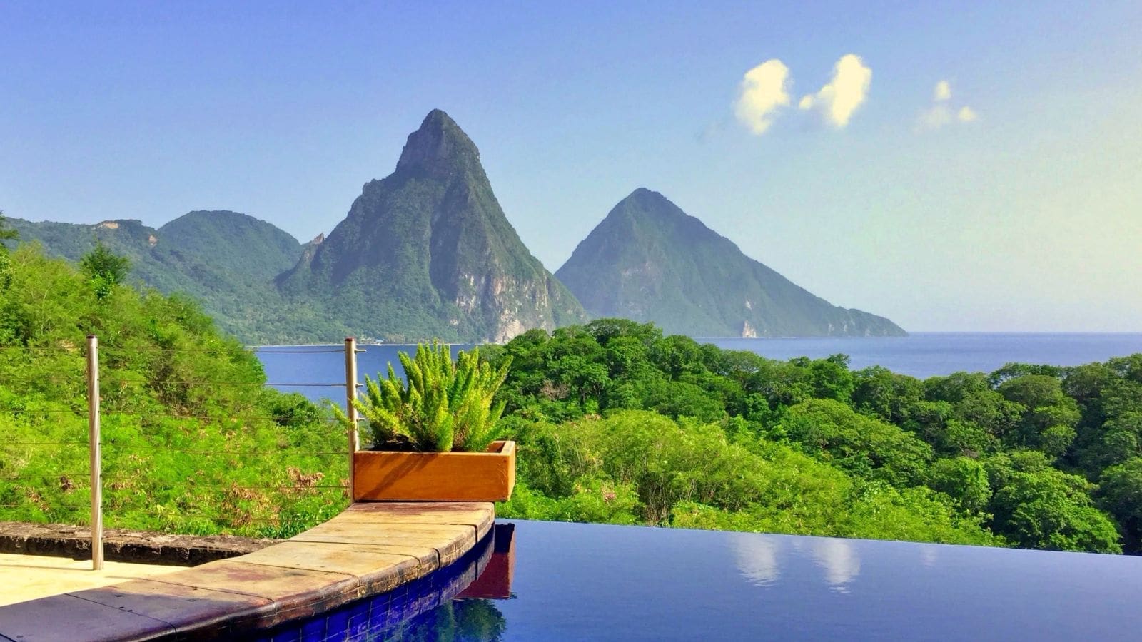 photo of the Pitons from a pool in St. Lucia