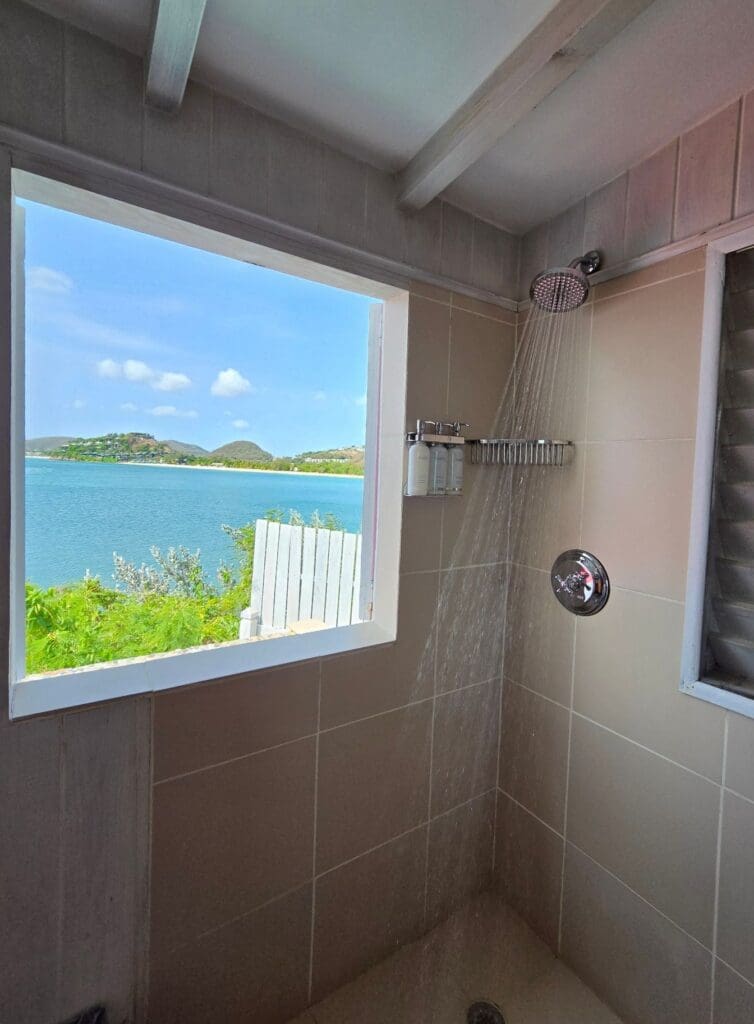 photo of shower with views of Caribbean sea