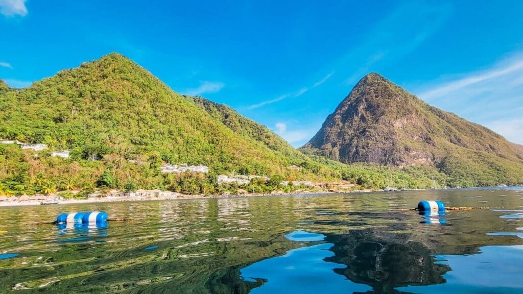 view of the Pitons from Sugar Beach