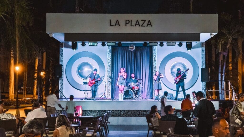 photo of the La Plaza stage with band playing at Hotel Riu Palace
