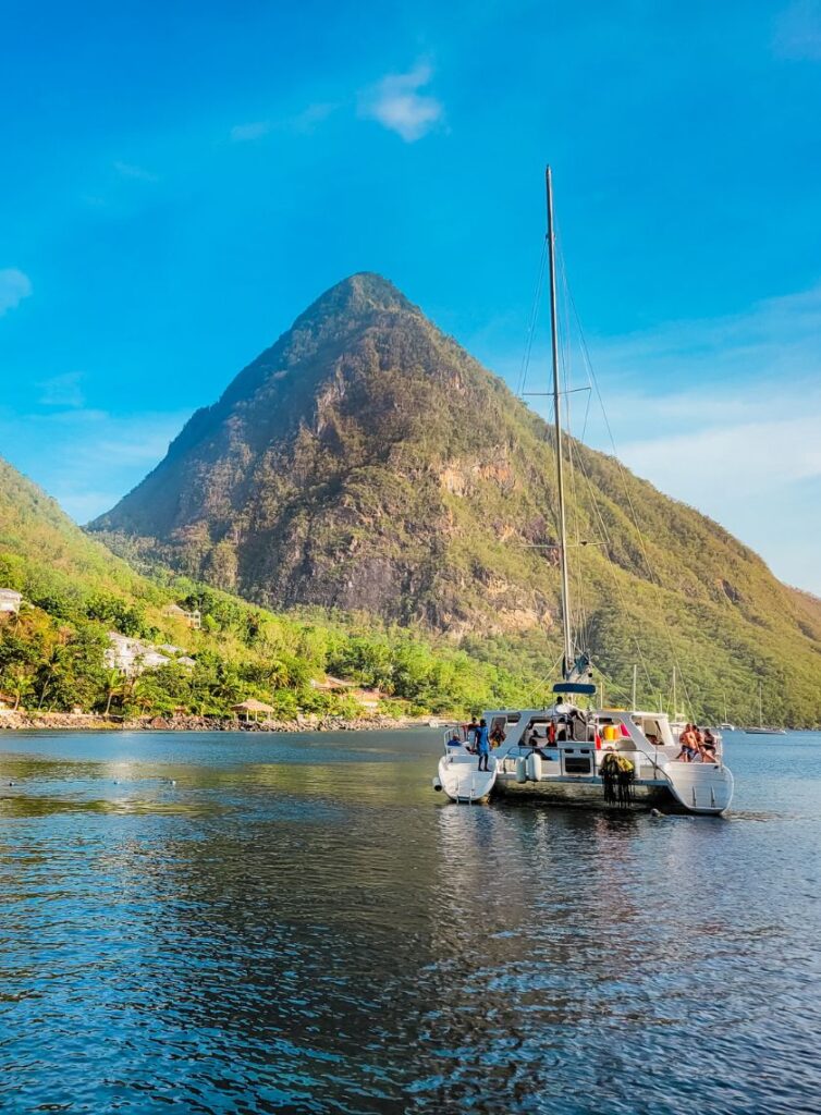 view of a catamaran at the Anse Piton Marine Reserve in St. Lucia
