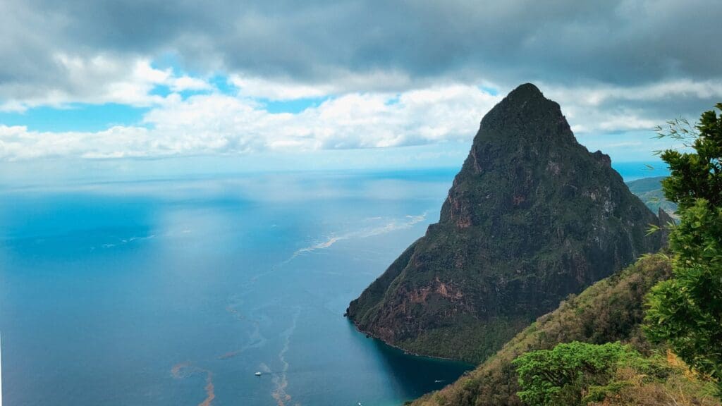 photo of Gros Piton and Caribbean sea from the Tet Paul Nature Trail in St. Lucia