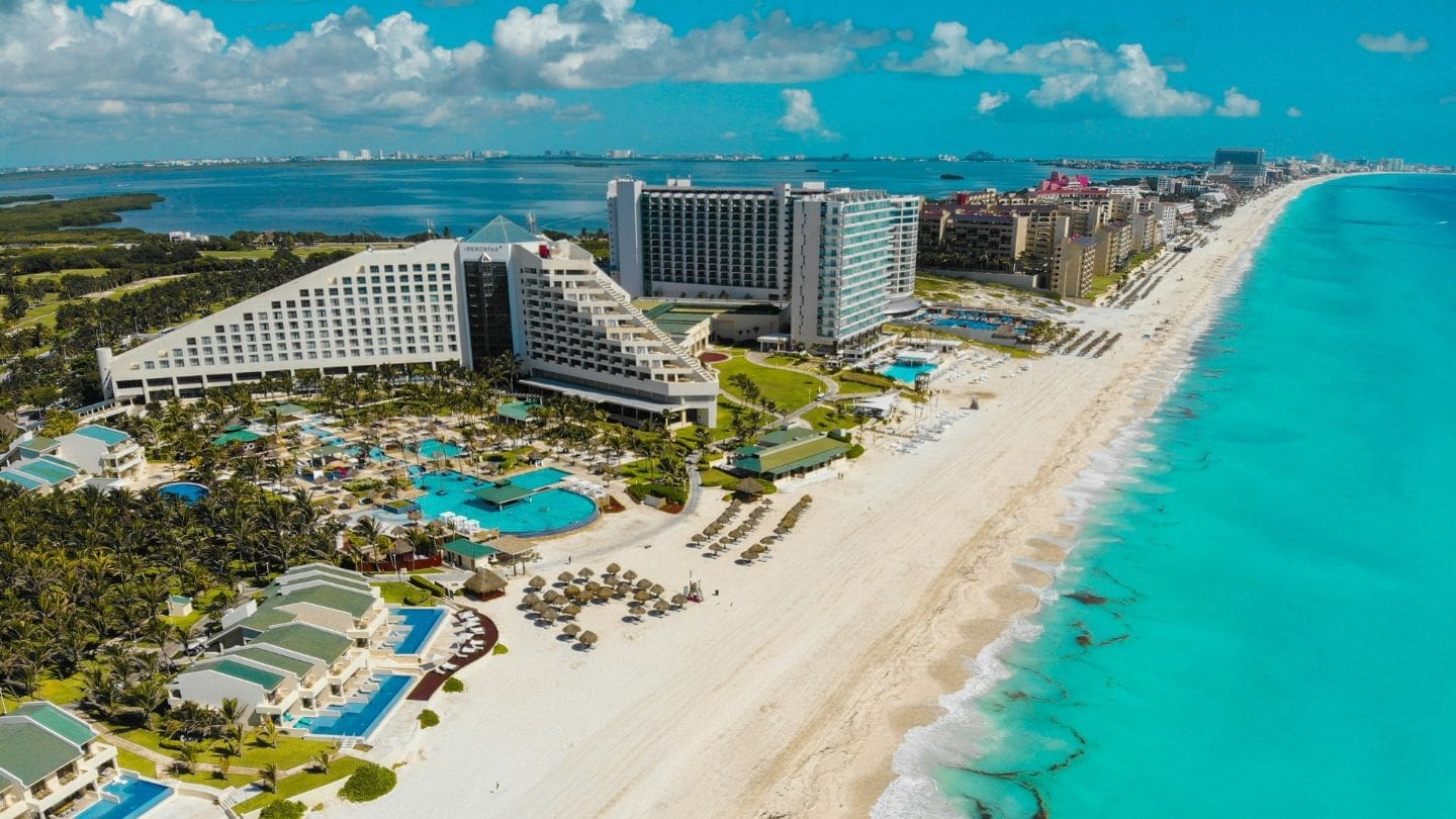 photo of beach and resorts on strip in Cancun