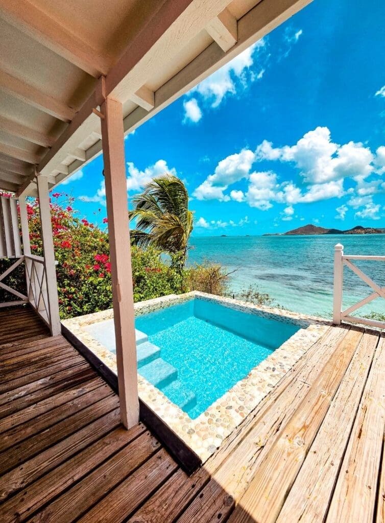 photo of plunge pool and Caribbean Sea from cottage in Antigua
