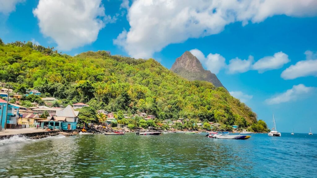 photo of the Pitons from water in St. Lucia