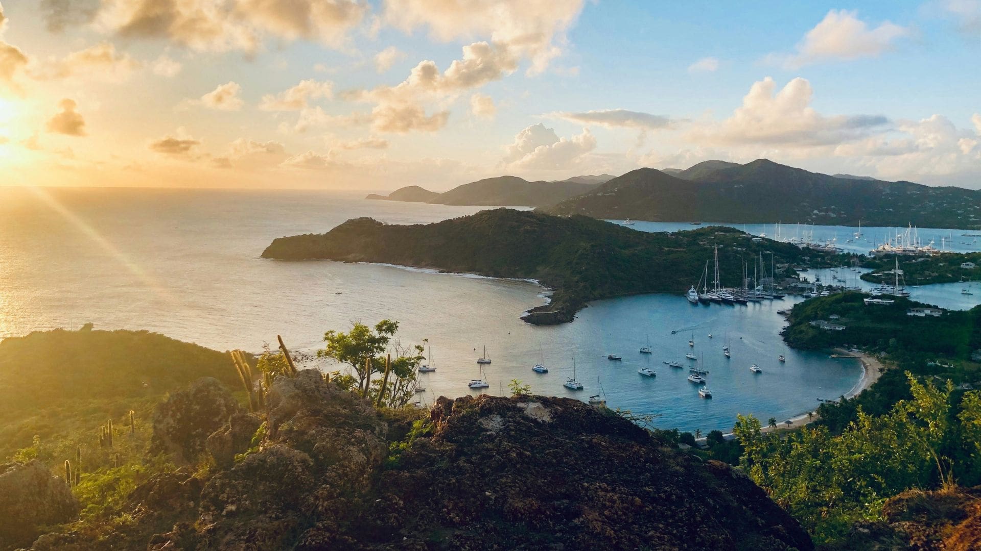 view of Antigua from Shirley Heights Lookout at sunset