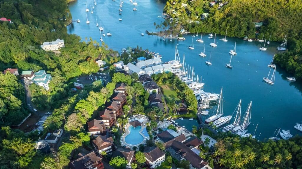 aerial photo of Zoetry Marigot Bay and Marigot Bay in St. Lucia