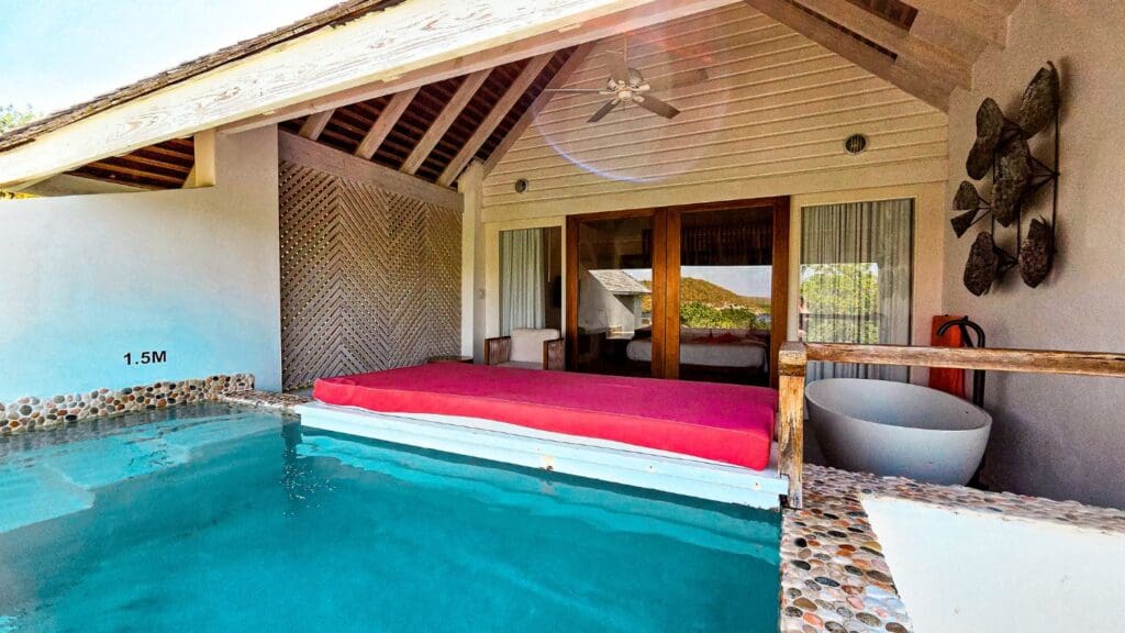 photo of daybed and soaker tub from the private plunge pool in Antigua