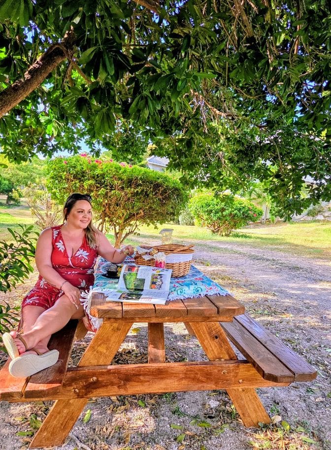photo of woman eating food at picnic at The Escape at Nonsuch Bay