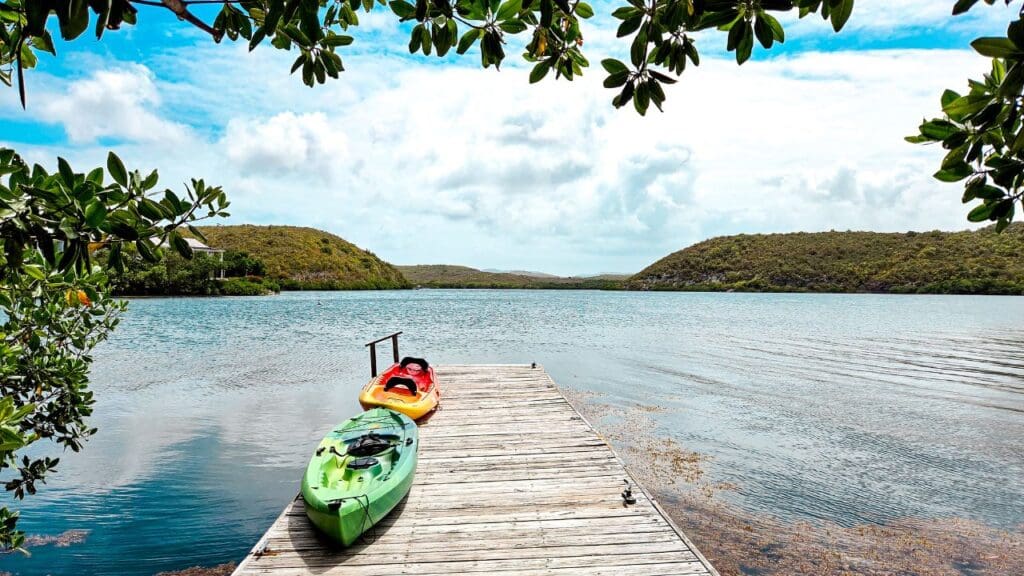 photo of kayaks resting on doc at bay at The Escape in Antigua