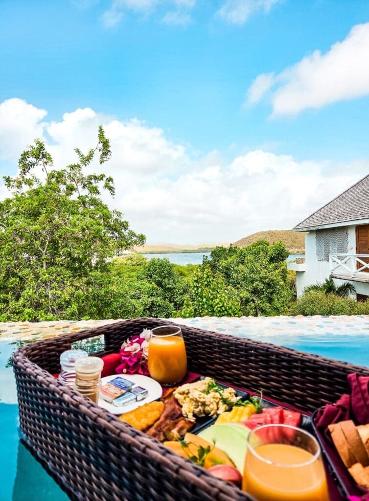 photo of floating breakfast basket in plunge pool in Antigua