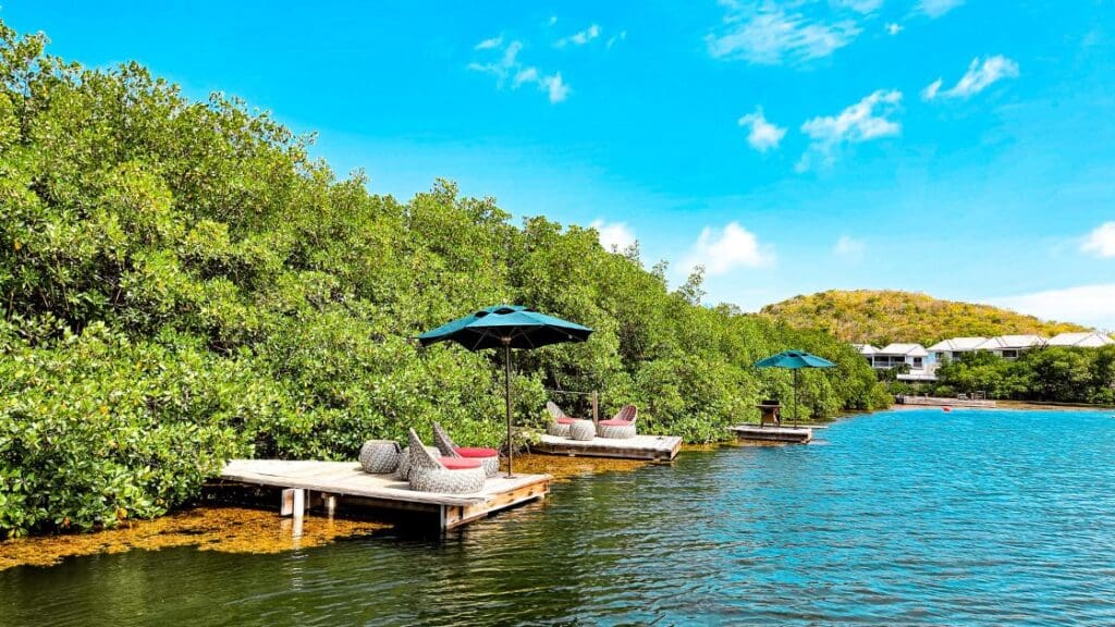 photo of floating docks and seating area on the bay at The Escape in Antigua